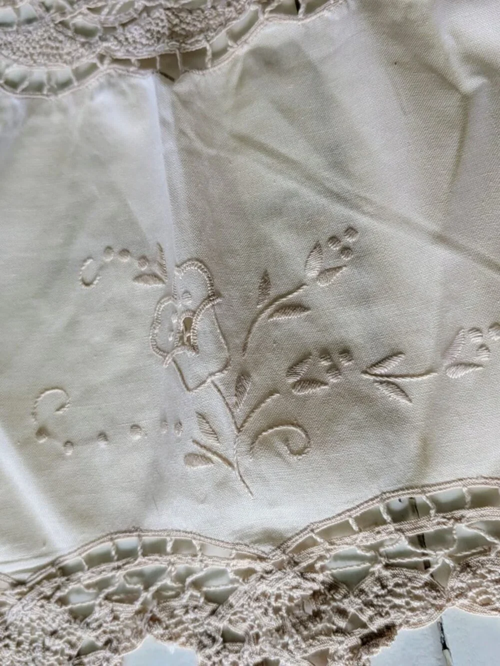 VTG Cream Battenburg Lace Tablecloth 31x30 Cotton Cutwork Embroidered Cottage